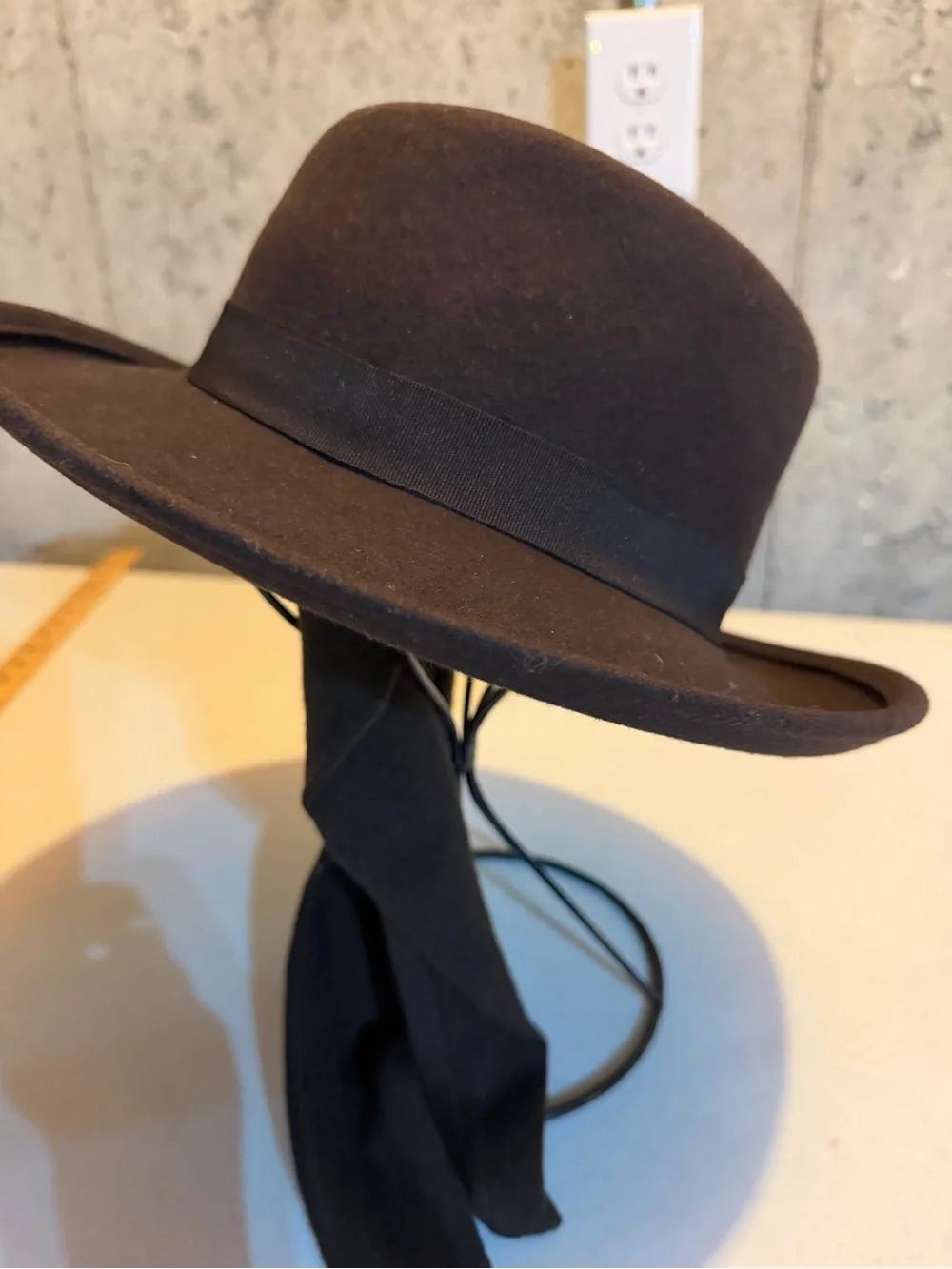 Women's Black Wool Wide-Brim Hat with Ribbon Tie